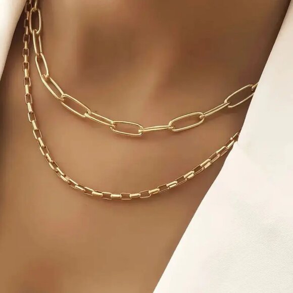 14K Gold Womens 2pc Paperclip Style Chain Necklace 14K Silver Paper Clip Jewelry